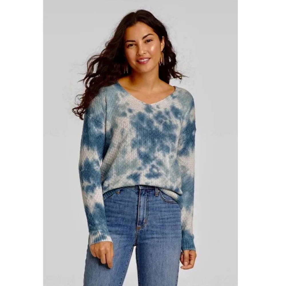 Knox Rose Women's Size M Tie Dye V-Neck Knit Pullover Monaco Blue Sweater